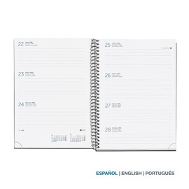 Miquelrius - 2024 Week to View Plus Size 155 x 213 mm (A5 Similar) Hardback Spiral Bound Elastic Band Spanish English and Portuguese Minidots Gold Stamped