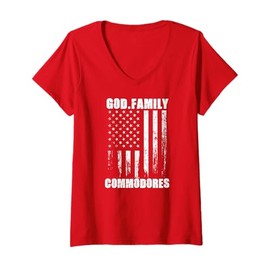 Womens Perry Commodores God. Family. Vintage USA Flag V-Neck T-Shirt