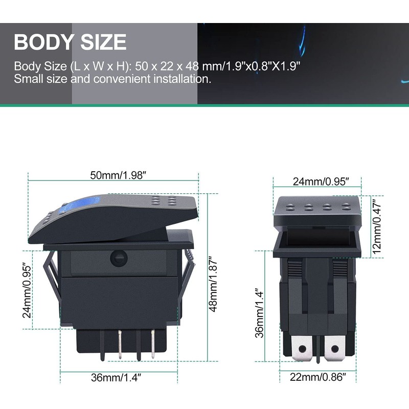 Taiss RK1-06N-BU Boat Marine Illuminated Rocker Switch 12V 20A 4Pin