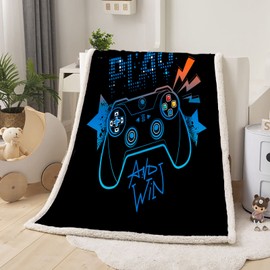 Lunoroey Gamer Blanket Throw Boys Bedding Kids Teens Gamepad Gaming Controller Design Blue Black Sherpa Fleece Blanket Throw Super Soft Sofa Blanket 130x150cm