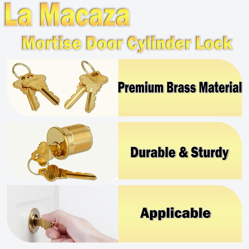 2 Pack Brass Mortise Cylinder Keyed Alike with 4 Keys