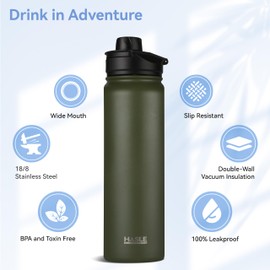 HASLE OUTFITTERS Insulated Water Bottle 22 oz Double Wall Stainless Steel Water Bottle Wide Mouth with Straw Lid & Spout Lid Keeps Cold or Hot(Army Green,4)