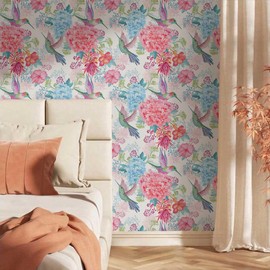 VistaPalette Vintage Pink Hydrangea Floral Hummingbird Birds Flower Peel and Stick Wallpaper Wall Decor Self Adhesive Wall Paper Stick on Easy Peel Off Contact for Renter Apartment