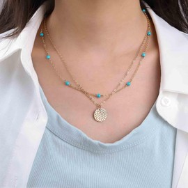 Xduargs Boho Layered Coin Pendant Necklace Gold Hammered Disc Choker Necklace Vintage Turquoise Bead Station Necklace Adjustable Coin Turquoise Chain Necklace Jewelry for Women