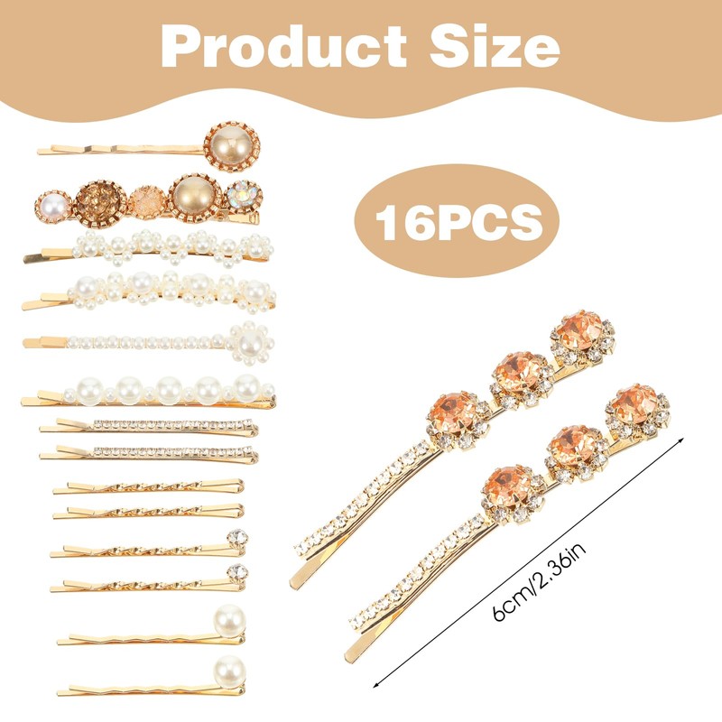 16 Pcs Hair Clips Women Gold Bobby Pins Decorative Pearl
