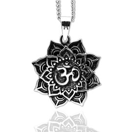 Spiritual Mandala Lotus Flower and Om Pendant Necklace, Buddhism, Aum, Ohm, Free Engraving,Solid 925 Sterling Silver,Quality -KimnKim E2-1