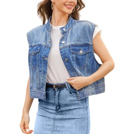 Leovqn Denim Vest Women Cropped Jean Vest Top Button Down Crewneck Casual Summer Sleeveless Jean Waistcoat Jacket - S