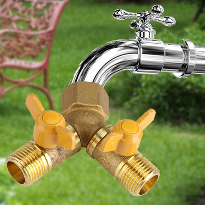 G1/2 Brass Garden Irrigation 2 Way Double Tap Hose Adapter