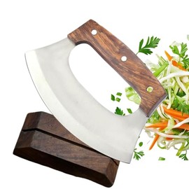 HUNTING HUNTS Ulu Knife – Sharp Rocker Mezzaluna with Rosewood Stand – Viking-Inspired Stainless Steel Cutter & Chopper for Pizza, Meat, Vegetables, Herbs, Salad – Kitchen & Camping Tool
