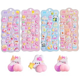 4pcs 3D Butt Stickers Squishy Cute 3D Relief Stickers Squishy Little Bear Panda Kitten Chunky Squeeze Decals Reward Kids Stickable Gift Perfect for Diary, DIY, Cell Phone Decoration, Crafts, Gift