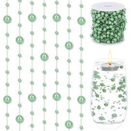 SUREAM Pearl String for Centerpiece, Green Faux Pearl Roll Beads Wire, Artificial Pearl Garland Roll Strand for Flowers Christmas Party Valentine Crafts Decoration（3-8mm）