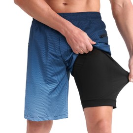 iCKER Men's Swimming Shorts with Compression Liner 2 in 1 Swimming Trunks Quick Dry 9 inch Inseam Board Shorts with Zipper Pockets,Blue STK351,L