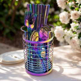 ZECNG Colorful Kitchen Organizer, Stainless Steel Countertop Holder for Serving Utensils, Rainbow Titanium Mesh Storage Caddy Baskets for Holding Knife Fork Spoon