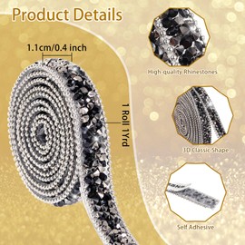 Hiswan Rhinestone Ribbon, Self Adhesive Resin Rhinestone Bedazzling Strips 0.4inch Glitter Crystal Diamonds Tape Sparkling Rhinestones Trim for Belt Shoes Clothing Car Phone (1Yard,Black)