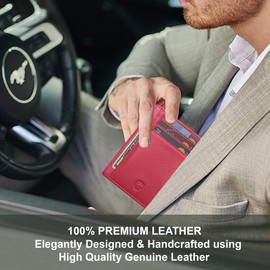 ALLEN & MATE Leather Card Holder Slim Wallet, RFID Blocking Minimalist Wallet Credit Card Holder, Holds Cards and Bank Notes (Rose Red with Zip)