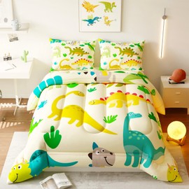 Namoxpa6 Pieces Dinosaur Comforter Sets for Boys Kids Teens,3D Green Pattern,Decorative 6 Piece Bedding Sets with Comforter,Flat Sheet,Fitted Sheet,Throw Pillow Cover,Pillow Shams,Queen Size