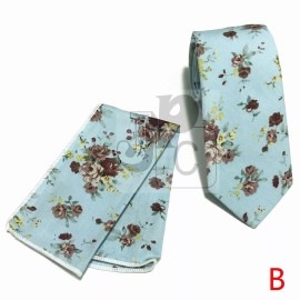 Brand Q Cotton Skinny Slim 2.25" Floral Paisley Neck tie and & Pocket Square Hankie 100 - B. Light Blue