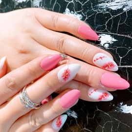 Press on Nails Almond Short Pink Flower False Nails with 3 D Gold Glitter Designs Pink Full Cover Removable Glossy Acrylic Glue on Nails Natural Stick on Nails for Women 24 Pcs