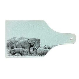 Ambesonne Animal Cutting Board, Image of Wild Savannah Animals Vintage Style Print Monochromatic Details Print, Decorative Tempered Glass Cutting and Serving Board, Wine Bottle Shape, White and Black