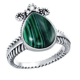 Plesitep Pear Malachite Ring 925 Sterling Silver Malachite Stone Ring for Women Size 8