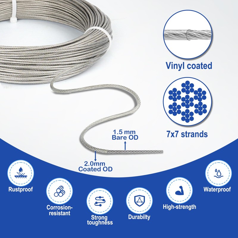 TooTaci Turnbuckle Wire Tensioner Kit, 100ft 1/16 Vinyl Coated Stainless