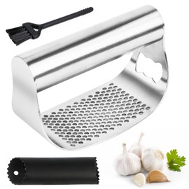 Knoblauchpresse, Knoblauchschneider, Knoblauchpresse Wippe Edelstahl, Kochgerät Knoblauchmühle Küchenhilfe, ergonomische Arbeitsersparnis, mit Knoblauchschäler und Reinigungsbürste