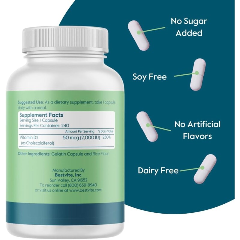 BESTVITE Vitamin D 2000 IU (240 Capsules) - No Stearates