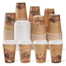 Yicentdp 100 Pack Fall Disposable Coffee Cups with Lids 12 Oz Vintage Autumn Paper Cups for Coffee Bar Decor Thanksgiving Party Supplies