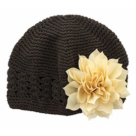 My Lello Little Girl's Crochet Beanie Hat with Flower One Size Brown/Ivory
