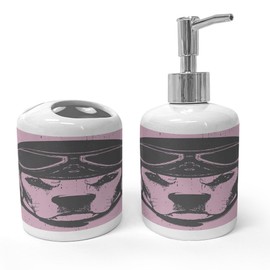 Ambesonne Beagle Soap Dispenser & Toothbrush Holder Set, Weathered Animal Portrait of Pilot Biker Dog Wearing Grunge Hipster Retro Hat, Ceramic Bathroom Toiletry Accessories, 2 Pcs, Pale Rose Grey