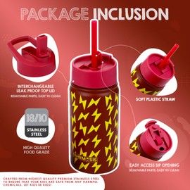 FAHRMOSIS - Botella de agua para niños de 14 onzas, botella de agua aislada con pajita y 2 tapas, botella de agua reutilizable con doble aislamiento, botella de agua para niños a prueba de fugas para