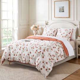 HoneiLife Fruits Duvet Cover King - 100% Cotton Comforter Cover 3-PC, Botanical Bedlinen Set with Zipper Closure & Corner Ties, Pomegranate Comforter Cover Sets