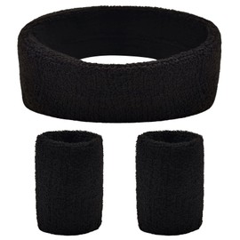 BLMHTWO 3 Pieces of Sweat Band Set Black Sweatbands for Men Women Including 1 Headband and 2 Wristbands Black Cotton Super Soft Comfy Sweatband for Tennis Working Out Boxing Gym Exercise
