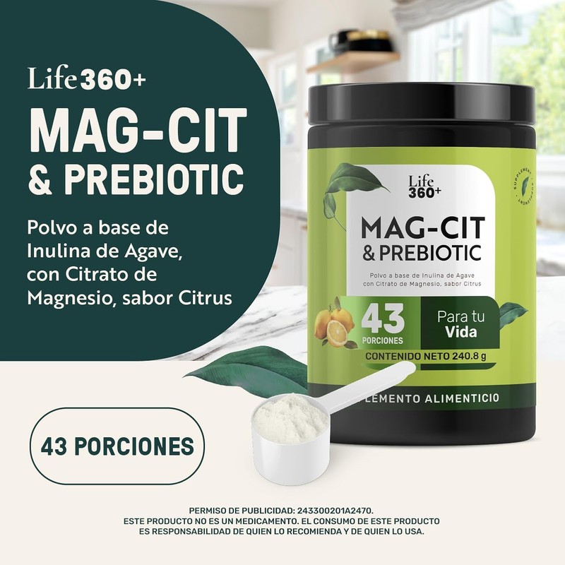 LIFE 360+ Mag-Cit y Prebiotic Citrato de Magnesio en Polvo