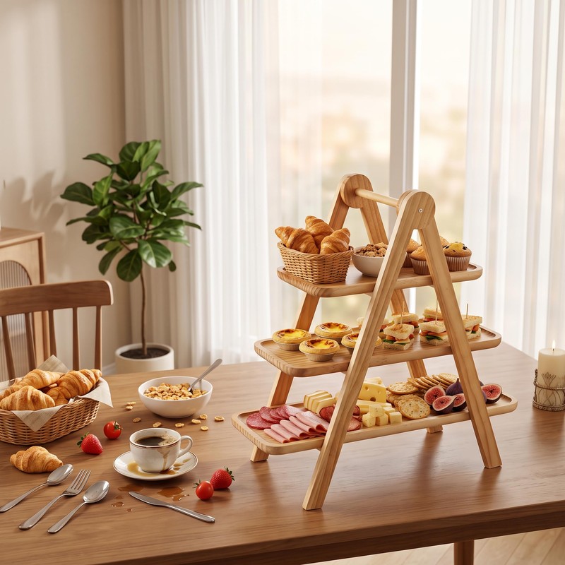 3 Tier Foldable Cupcake Stand, Rectangle Wooden Serving Tray, Farmhouse