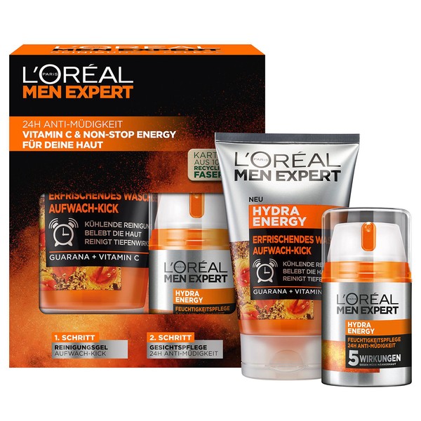 L'Oréal Men Expert Gift Set for Men with Wash Gel and 24-Hour Moisturiser with Guarana and Vitamin C, Hydra Energy Care Set, 1 x 150 ml