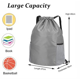 Drawstring Bag, Unisex Large Sports Backpack String Drawstring PE Bags, Sport Gym Sack have Two Side Pockets, Travel Beach Swim School Bag with Waterproof (Grey)