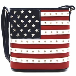 WESTERN ORIGIN American Flag Stars and Stripes Rhinestone Studs Crossbody Handbag USA Patriotic Women Purse Leather Single Shoulder Bag (Red White Blue)