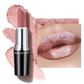 Anglicolor Glitter Lipstick Nude Pink Metallic Shiny Glossy, Shimmer Lipstick Pink Silky Velvet Long-Lasting Moisturising Vegan Lip Gloss Women Girls Makeup (07 Pure Envy, 4 g)