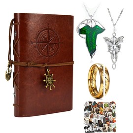 Zaky The L. of The Rings Travel Notebook Rings Engraved Stainless Steel Arwen Evensta. Pendant Necklace Elves Green Tree Leaf Enamel Pins Brooch with Cartoon Sticker Pack of 14, Alloy Steel, No