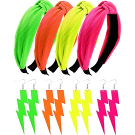 FSLLZCJY 8 Pack 80s 90s Accessories for Women Neon Earrings and Knotted Headbands 80s Party Costume Fashion Outfit for Women