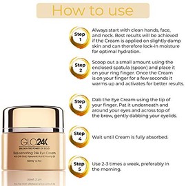 GLO24K Crema para ojos con oro de 24 k, fórmula antienvejecimiento con vitaminas, ácido hialurónico, aceite de rosa mosqueta
