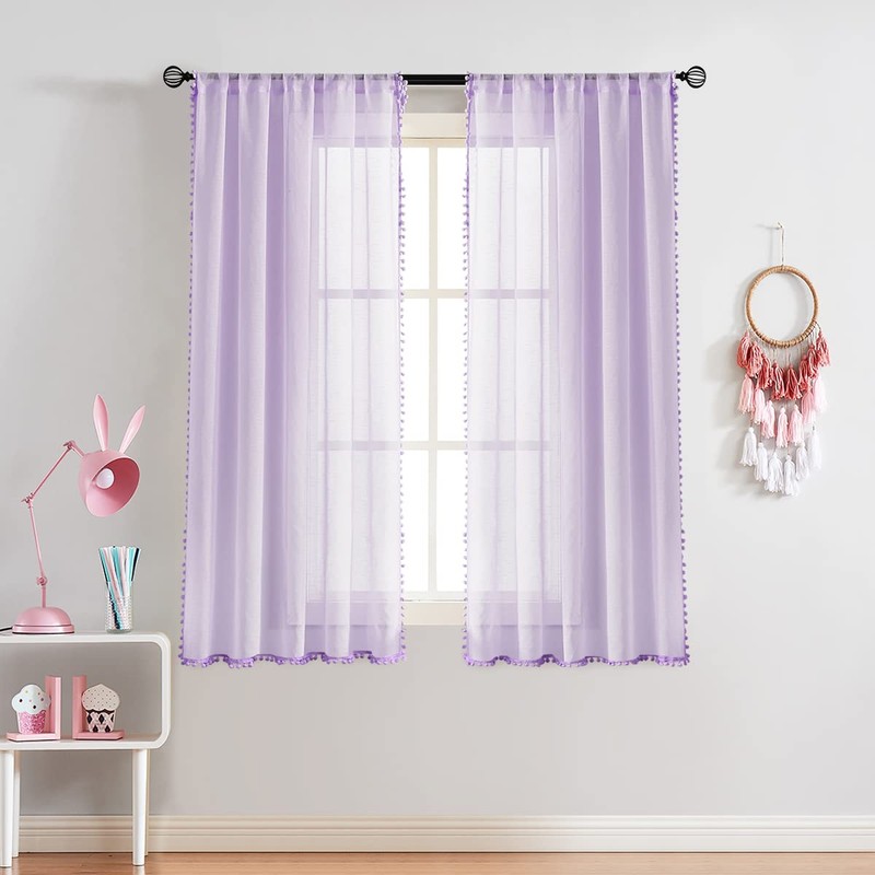 Treatmentex Pom-Pom Sheer Curtains for Kid's Room, 63" Linen Textured