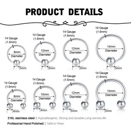 Briana Williams 6-8 Pairs Nose Piercing Ring Septum Nose Ring Stainless Steel 1.6 mm Horseshoe Clamp Ball Piercing Nose Lip Ear Jewellery, Stainless Steel