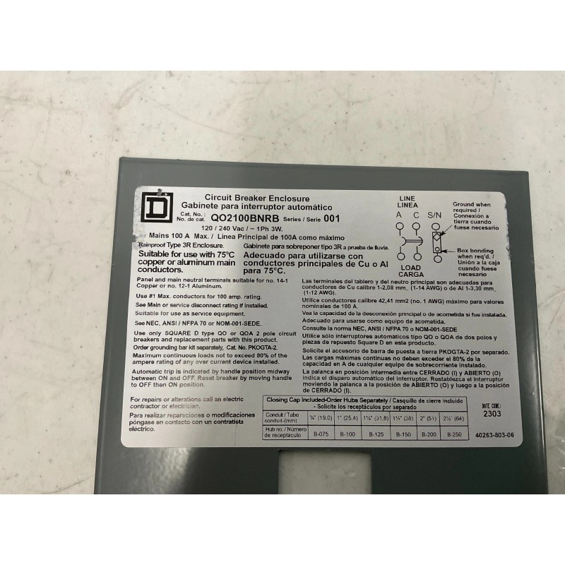 Square D - QO2100BNRB QO 100 Amp Two-Pole Outdoor Enclosed
