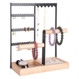 JINBOMANG Jewelry Organizer Stand Necklace Holder, Bracelet Holder 4-Tier Jewelry Tower Rack With Wooden Earring Tray And Holes, Jewelry Display Ring Display For Watches,Bracelets,Ring