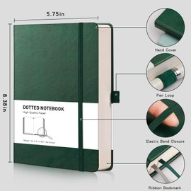 RETTACY A5 Bullet Dot Grid - Dotted Notebook With 320 Numbered Thick Journal Leather Hardcover 100gsm Paper Pen Holder, Inner Pocket, 2 Free Journal Stencils 14.5 x 21cm - Green