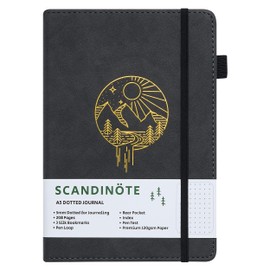 Scandinote A5 Bullet Dotted Journal - Charcoal, 208 Pages, 120gsm Paper, Vegan Leather Cover, 3 Bookmarks, Pen Loop, Pocket, Index, 180° Lay-Flat, 5mm Dot Grid for Bullet Journaling & Planning