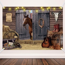 Moukeren Western Party Backdrop Western Cowboy Party Decoration Wild West Decor Wooden House Barn Photo Background for Birthday Wedding Supply(7 x 5 ft,Vintage Style)