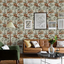 LXCREAT Vintage Peel and Stick Floral Wallpaper Boho, Orange Flowers Green Leaves Contact Paper 17.3"×393.7", Vinyl Removable Self Adhesive Wallpaper for Bedroom Renter Friendly Home Decor